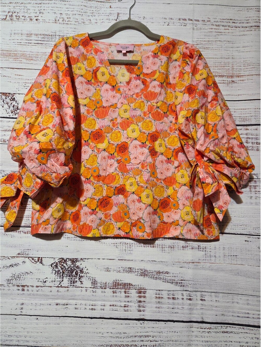 Entro Medium Floral Pattern V-Neck Blouse Tie Sleeves Orange Yellow Pink Bow